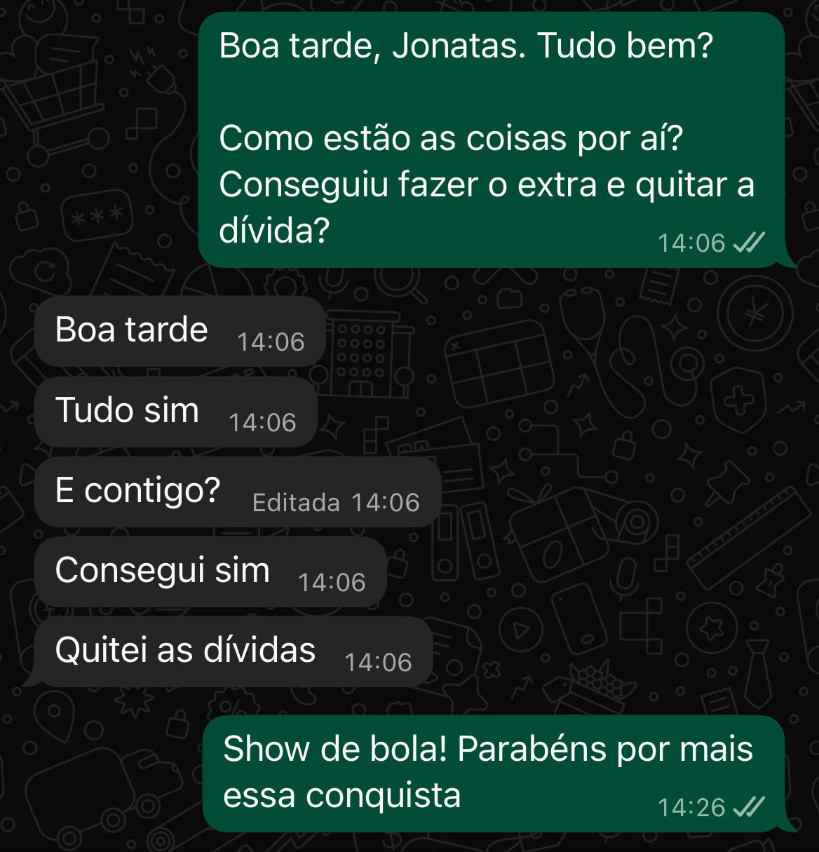 Acompanhamento do consultor com Jonatas e relato de quitação de dívidas